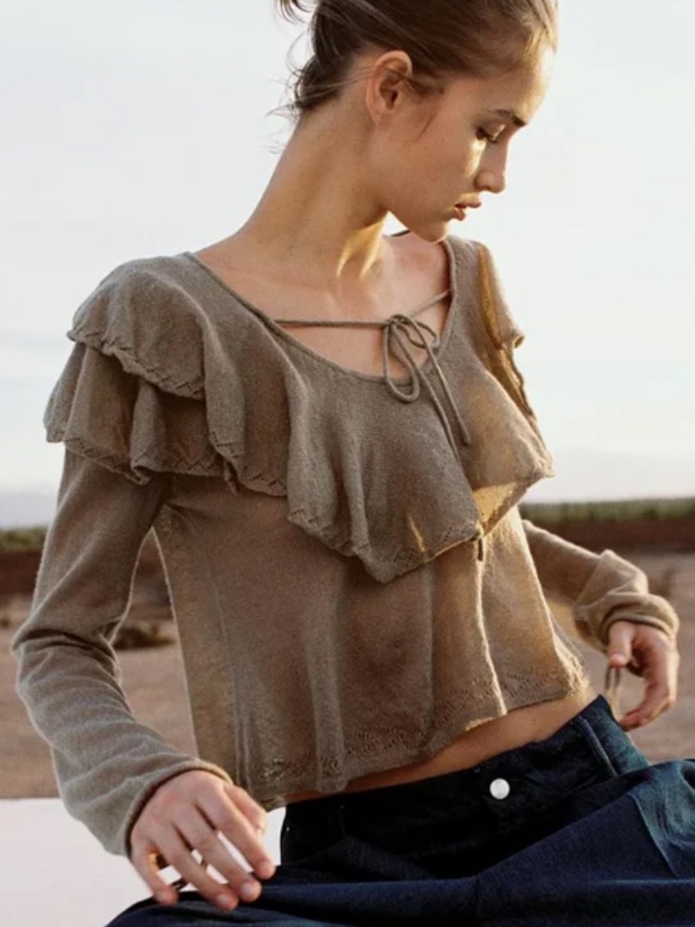 Zara Tan Oversize Ruffle Tie Front Sweater
